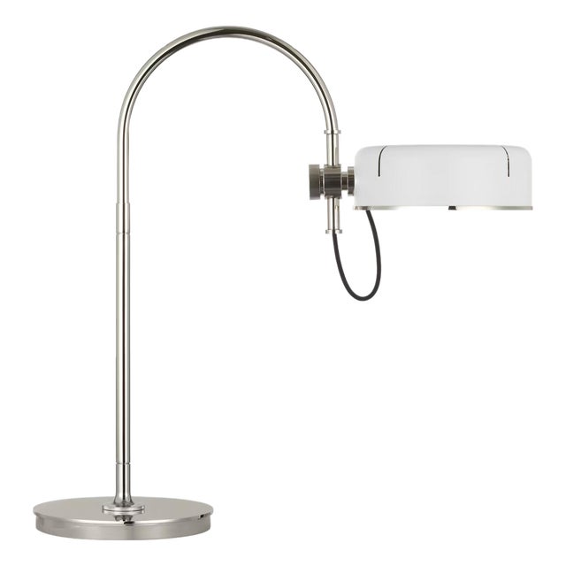 Thomas O'Brien by Visual Comfort Signature Oso 25" Arc Table Lamp in Polished Nickel with Matte White Shade For Sale