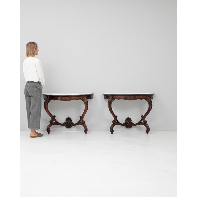 Late 19th Century 1880s French Pair Of Wooden Console Tables With Marble Tops For Sale - Image 5 of 11