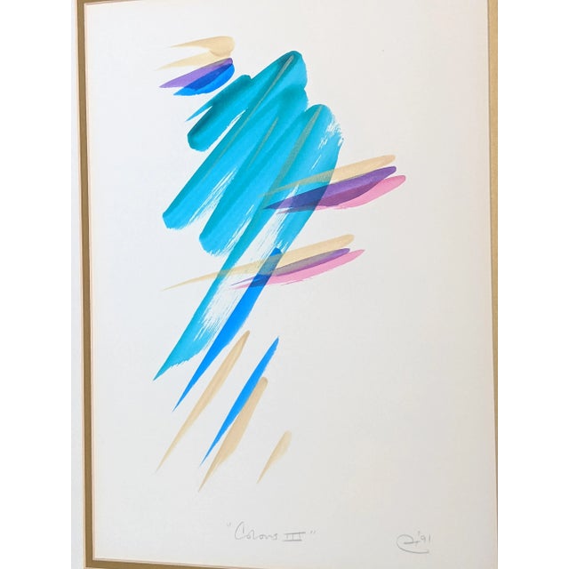 Teal Vintage 1990s Abstract Brushstroke Painting Titled "Colors" Pencil Signed and Dated For Sale - Image 8 of 10