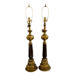 Pair of Mid Century Modern Stiffel Brass Gold & Black Table Lamps
