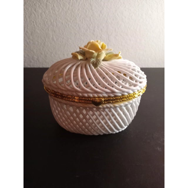 Ceramic 1970s Reticulated With Applied Floral Porcelain Trinket Box For Sale - Image 7 of 9