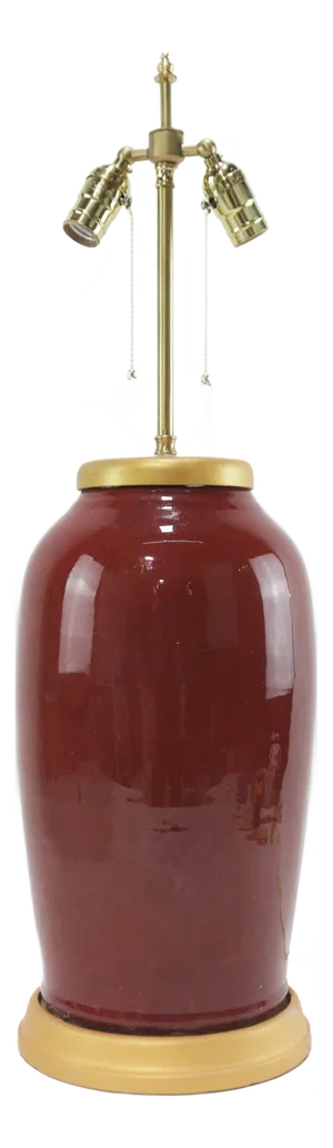 19th Century Chinese Qing Dynasty Double Bulb Oxblood Glaze Table Lamp With Gilded Top and Base