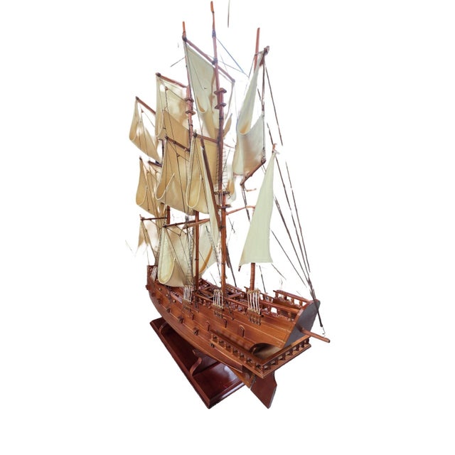 Brown Large Handcrafted Wooden Three-Masted Sailing Ship Model With Cloth Sails For Sale - Image 8 of 12