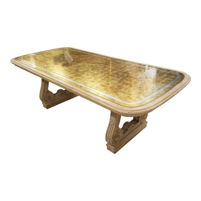 Vintage Maison Jansen Louis XVI Style Dining Table With Verre Églomisé Gold & Silver Leaf Glass Top For Sale In Chicago - Image 6 of 6