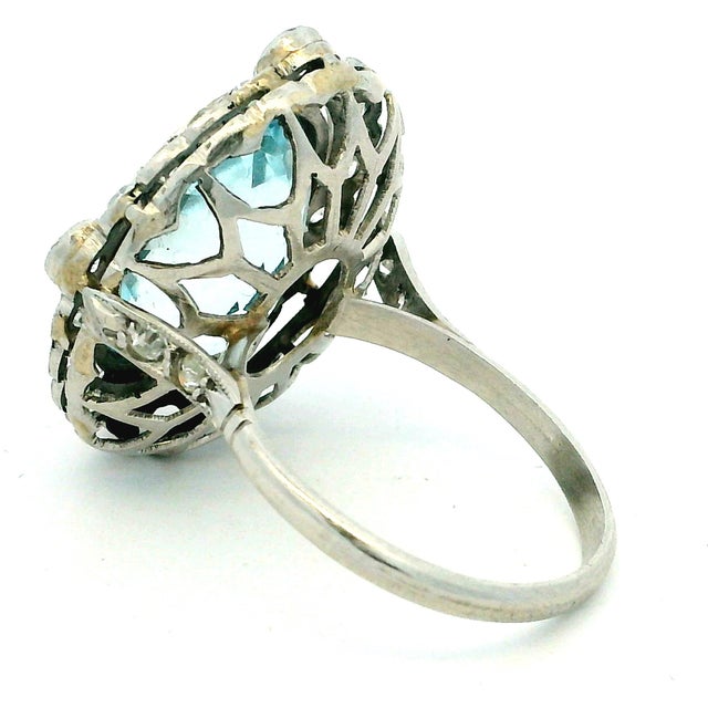 1930s Art Deco Platinum Aquamarine Diamond Halo Ring, 10 Ct, Size 8 For Sale - Image 9 of 14