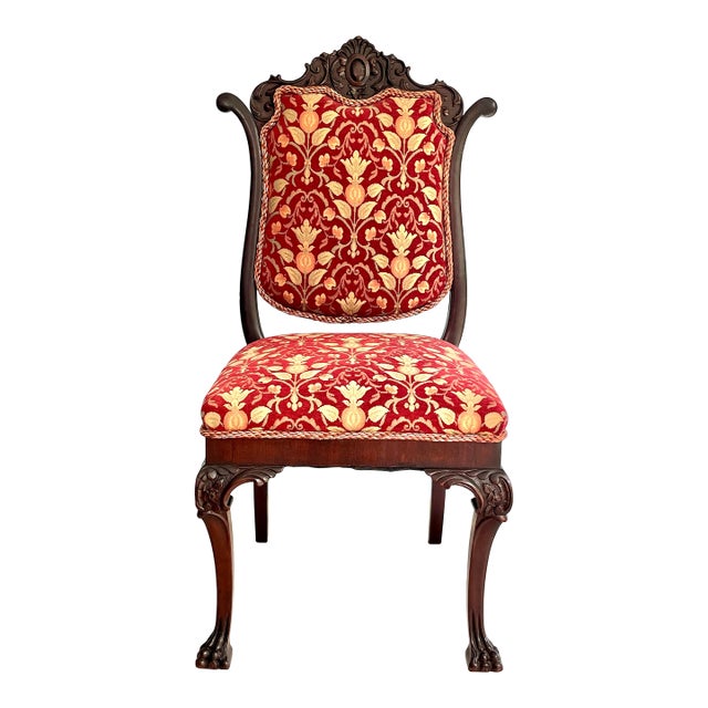 C. 1870 Antique American Victorian Rococo Revival Mahogany Parlor Chair With Carved Crest, Ball-and-Claw Feet, Tapestry Upholstery For Sale