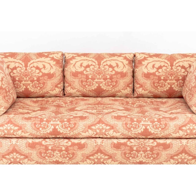 Modern Pink and White Linen Upholstered Three-Seat Sofa For Sale - Image 3 of 9
