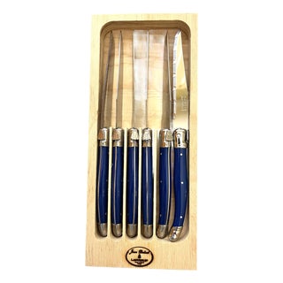 Authentic French Jean Dubost Laguiole Steak Knives Blue Color, New - Set of 6 For Sale