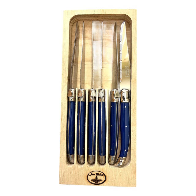 Authentic French Jean Dubost Laguiole Steak Knives Blue Color, New - Set of 6 For Sale