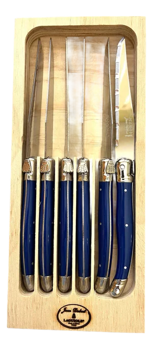 Authentic French Jean Dubost Laguiole Steak Knives Blue Color, New - Set of 6