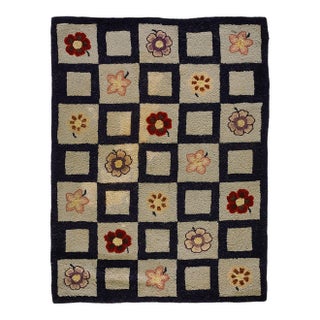1930s Black Floral Square Folk Art Antique American Hooked Rug 2'8" X 3'8" Handwoven Wool Carpet For Sale