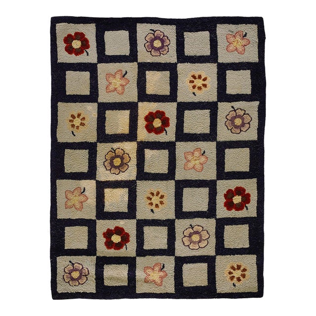 1930s Black Floral Square Folk Art Antique American Hooked Rug 2'8" X 3'8" Handwoven Wool Carpet For Sale