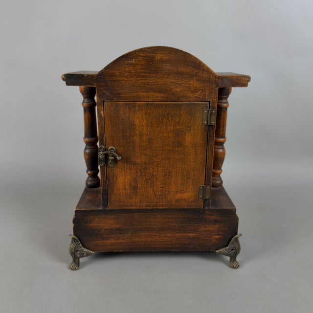 Vintage Table Clock Support Pendulum Temple Wood Columns Drawer For Sale - Image 4 of 11
