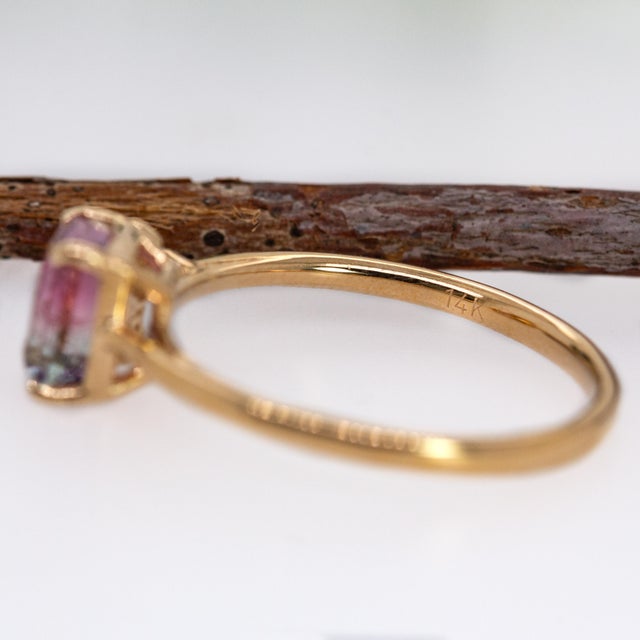 Metal 1ct Bi-Color Tourmaline and Earth Mined Accented Diamonds Ring in 14k Solid Gold For Sale - Image 7 of 7