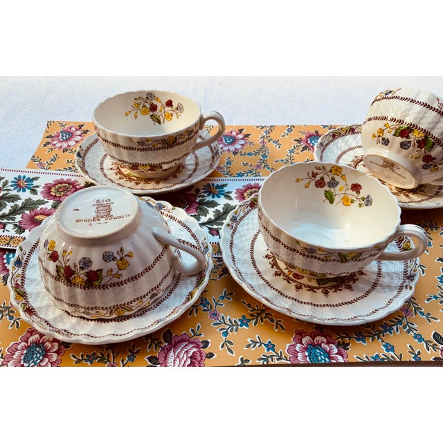 1930s Spode Cowslip Basketweave Brown and Cream Ceramic Teacups and Saucers, Set of 4 For Sale - Image 15 of 18