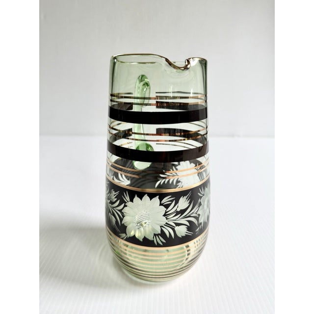 Mid-Century Modern Vintage Mid-Century Modern Bohemian Green Glass Pitcher Cut Flowers, Gold & Black Bands For Sale - Image 3 of 17