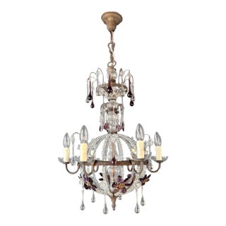 Antique 1930s Neoclassical Crystal Lustre Brass Ceiling Lamp Chandelier For Sale