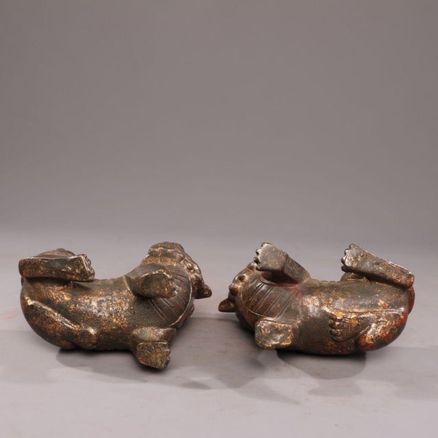Pair of Antique Gilt Bronze Pixiu Statues, Mythical Beast Figures, 1.37kg For Sale - Image 9 of 9