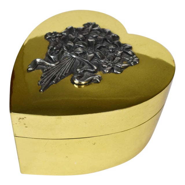 Vintage Gold Brass Heart Shape Trinket Jewelry Box With Flower For Sale