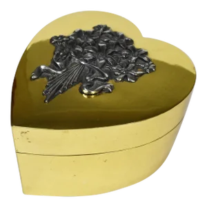 Vintage Gold Brass Heart Shape Trinket Jewelry Box With Flower