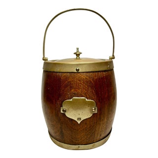 Vintage Handled Oak Wood & Brass Biscuit Jar /Ice Bucket With Ceramic Lining and Un-Monogrammed Crest From England - Circa 1920 For Sale