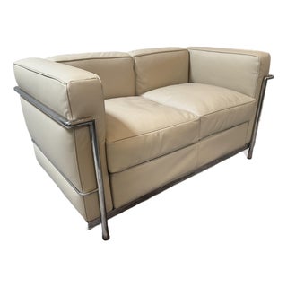 Modern Classics Petite Corbusier Style Loveseat, Parchment For Sale