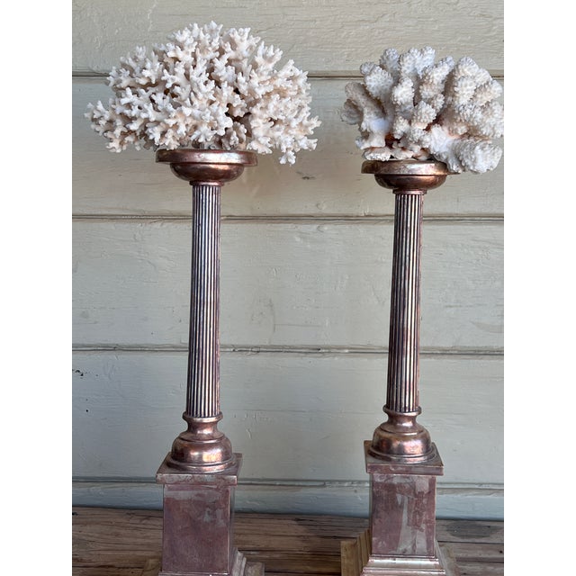 Pair of Vintage Neoclassical Carved Water Giltwood Columns With Natural Specimen For Sale In Palm Springs - Image 6 of 10