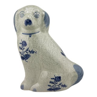Delft Blue Style Crackle Glazed Staffordshire Dog Figure, Mid 20th Century Ceramic For Sale