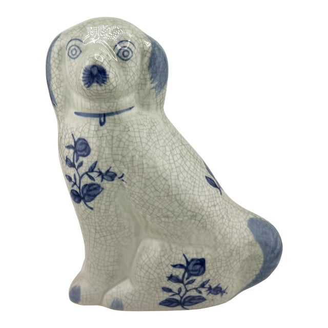 Delft Blue Style Crackle Glazed Staffordshire Dog Figure, Mid 20th Century Ceramic For Sale
