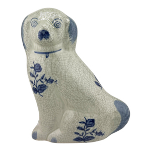 Delft Blue Style Crackle Glazed Staffordshire Dog Figure, Mid 20th Century Ceramic