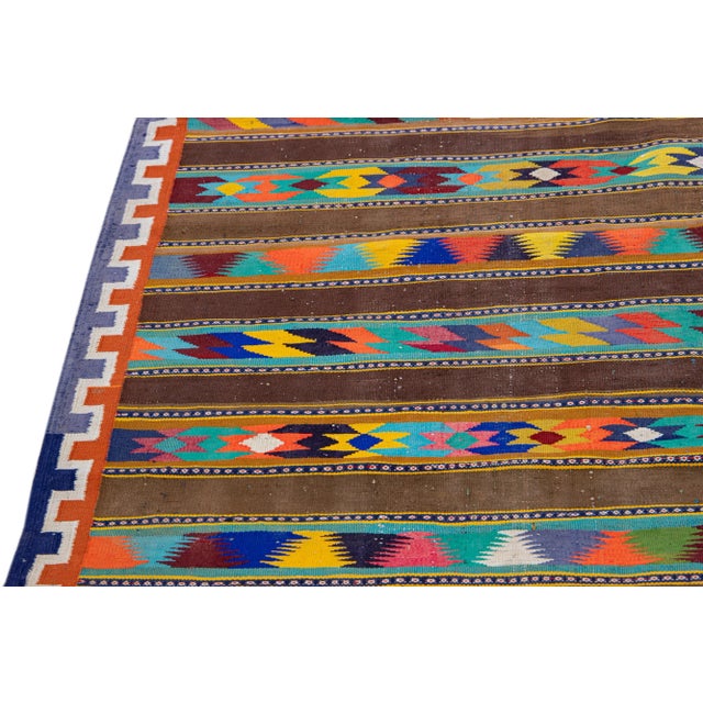 Brown Vintage Kilim Handmade Flatweave Geometric Motif Wool Runner For Sale - Image 9 of 11