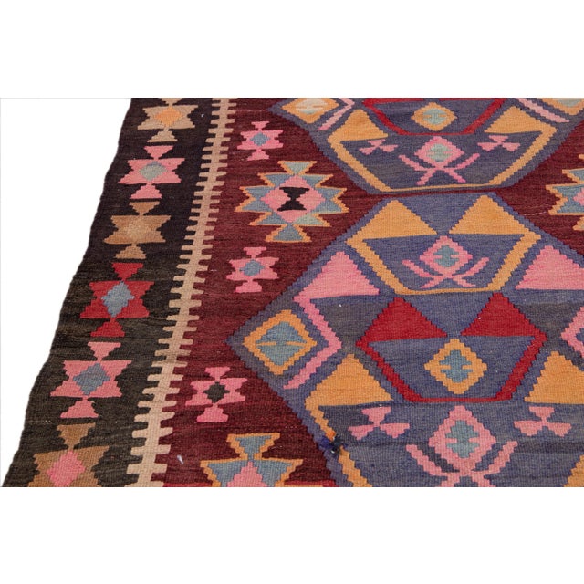Burgundy Vintage Kilim Handmade Flatweave Geometric Burgundy Wool Runner For Sale - Image 8 of 11