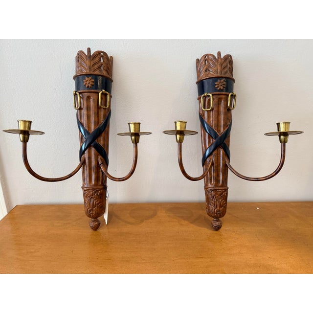 Metal Pair of Signed Maitland Smith Equestrian Metal 2 Arm Wall Candle Sconces For Sale - Image 7 of 7