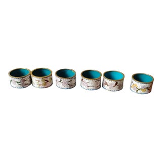 Vintage Chinese Cloisonne Napkin Rings Brass Enamel Butterfly & Flowers - Set of 6 For Sale