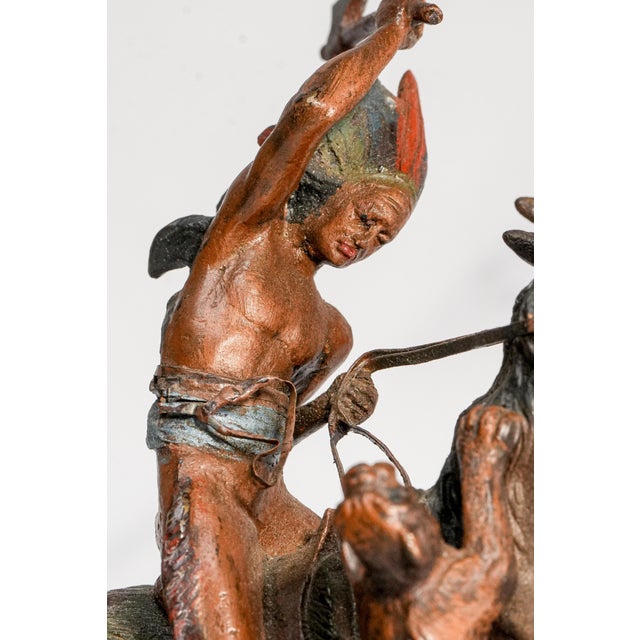 Amazing Antique Cold Painted Bronze Sculpture Statue Native American Indian on Horse Western Art For Sale - Image 4 of 14