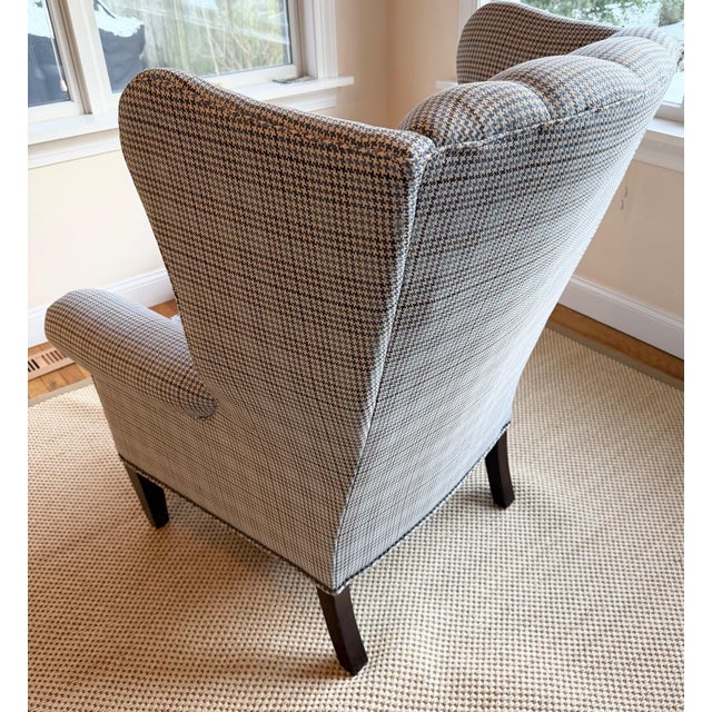 Tufted Blue and Gray Houndstooth Wingback Chair For Sale - Image 9 of 18
