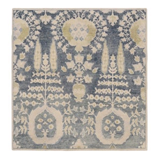 Rug & Kilim’s Block Print Square Rug in Soft Beige and Blue Floral Medallions For Sale