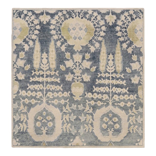 Rug & Kilim’s Block Print Square Rug in Soft Beige and Blue Floral Medallions For Sale