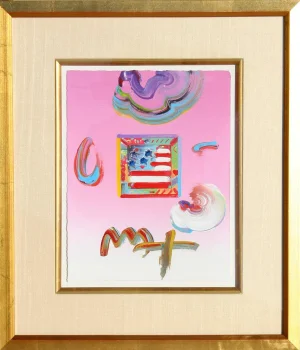 Flag, Peter Max Acrylic and Collage on Paper, Signed