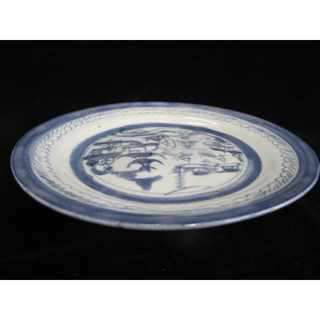 Antique Chinese Canton Blue Export Village Scene Porcelain Plate 8 3/4" For Sale - Image 4 of 6