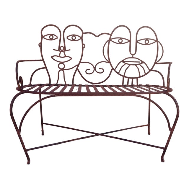 1980s John Risley Style Inspired Man and Woman Pop Art Iron Bench For Sale