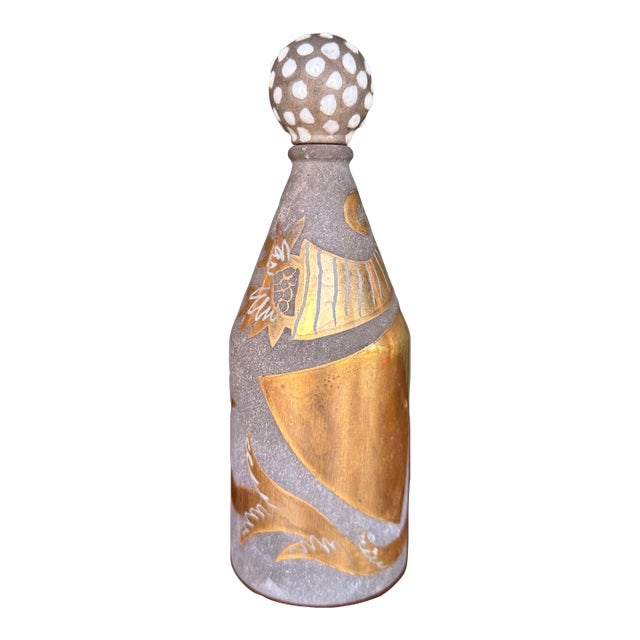 Waylande Gregory Glass Bottle With Stone Gray and Metallic Gold Art Deco Design For Sale