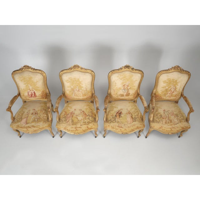 Wood Antique French Louis XV Style Arm Chairs in Original Fabric and Gilt Frames For Sale - Image 7 of 12