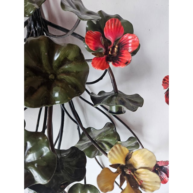 Wonderful 50s Tole 3 Candle Wall Sconces With Nastirtium Flowers and Leaves - A Pair For Sale In Philadelphia - Image 6 of 6