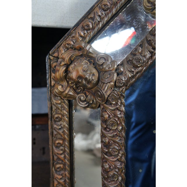 Antique French Louis XIII Style Figural Repousse Brass Octagonal Wall Mirror For Sale - Image 6 of 10