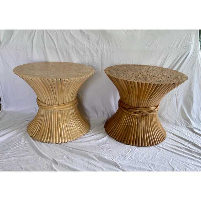 Contemporary Mid-Century Modern McGuire Round Wheat Bamboo Sheaf Base Side or Accent Tables - Two Available For Sale - Image 3 of 9