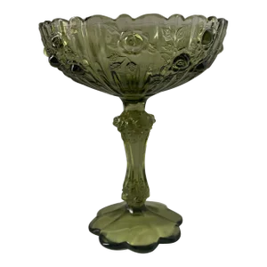 Vintage Fenton Glass Tall Green Compote Candy Dish in Cabbage Rose Pattern