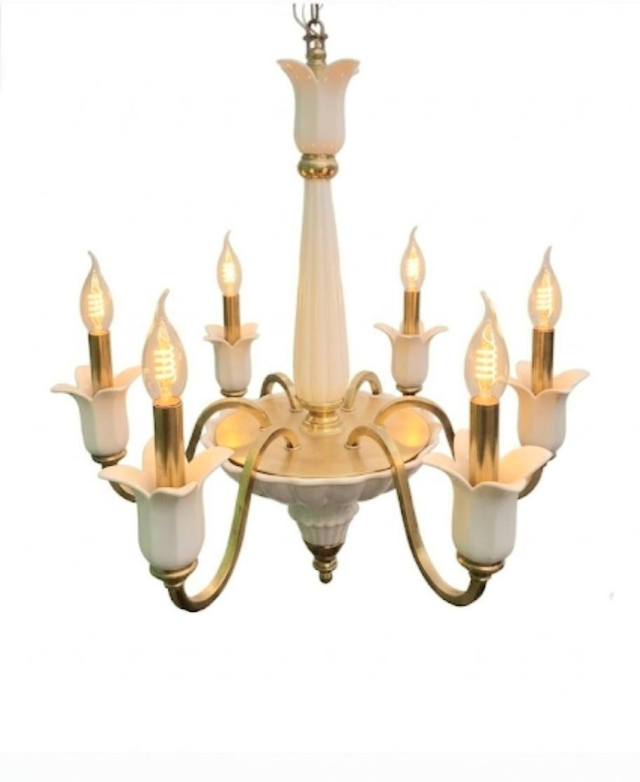 Vintage Porcelain Solid Brass 6 Light Ceramic Off White Tulips