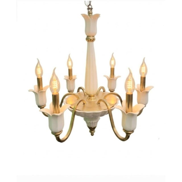 Vintage Porcelain Solid Brass 6 Light Ceramic Off White Tulips Traditional Chandelier by Lenox For Sale - Image 9 of 9