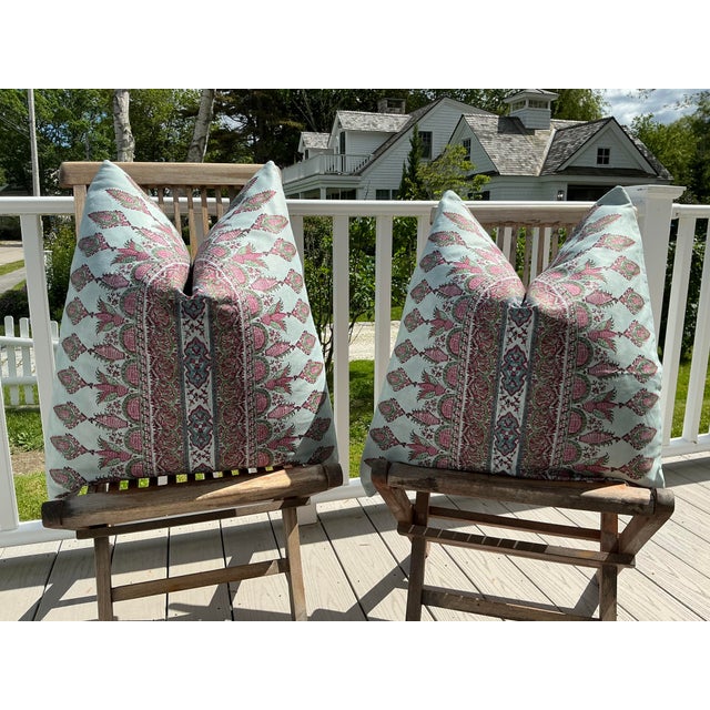 Textile Thibaut Akola Stripe Raspberry and Teal Indienne Designer Pillow Covers — 22" Pair For Sale - Image 7 of 7